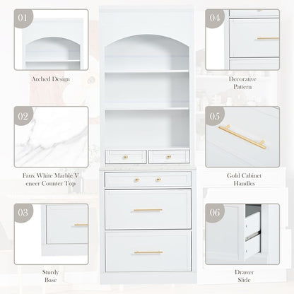 83.7" Tall Kitchen Pantry Cabinet, Freestanding Kitchen Hutch with Faux Marble Top, Pantry Storage Cabinet with 5 Drawers & Adjustable Shelf, Modern Farmhouse Cupboard for Dining Room, White