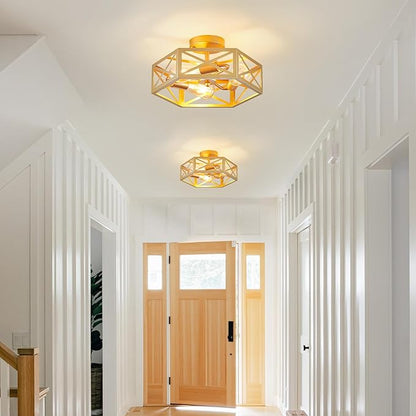 Flush Mount Ceiling Light, Gold Light Fixtures Ceiling Mount, 3 Light Modern Close to Ceiling Light Fixture with Metal Hexagon Cage Brass Lights for Kitchen, Hallway, Bathroom