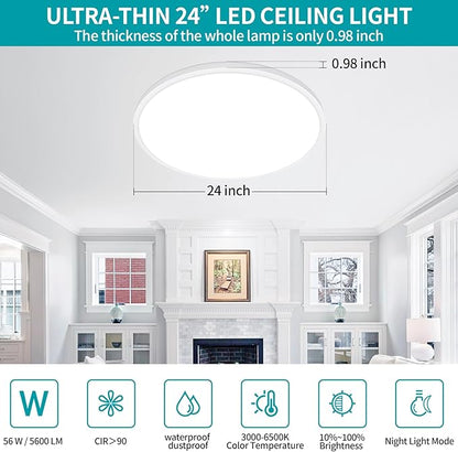 24 Inch Led Ceiling Light Fixture, Ultra Thin Flush Mount, Dimmable with Remote Control, 56W, 5600 Lumen, Modern, Round, White, for Kitchen, Dining Room, Bedroom, Living Room, Home Office