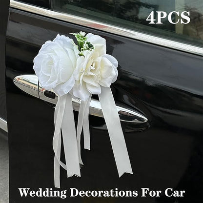 White Rose & Peony Wedding Car Door Handle Decor – 12 cm Artificial Flowers with Faux Greenery, Satin Ribbon Bow & Suction Cup – Versatile Bridal Vehicle & Mirror Ornament (Set of 4)