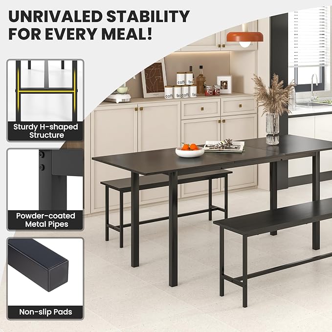 Giantex Dining Room Table Set for 4-6, 63” Extendable 3-Piece Dining Table Set with 2 Benches, Metal Frame, Dinette Table Set for Breakfast Nook, Kitchen Table Chairs (Black)