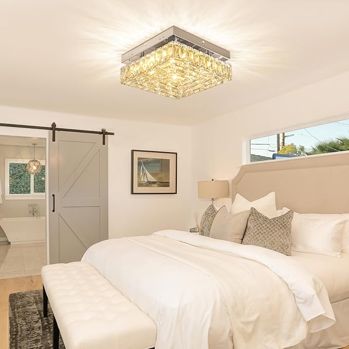 Square Crystal Ceiling Light 10.6" Modern LED Bedroom Chandelier Small Flush Mount Ceiling Lights Fixture for Kitchen Dining Room (Warm Light)