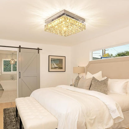 Square Crystal Ceiling Light 10.6" Modern LED Bedroom Chandelier Small Flush Mount Ceiling Lights Fixture for Kitchen Dining Room (Warm Light)