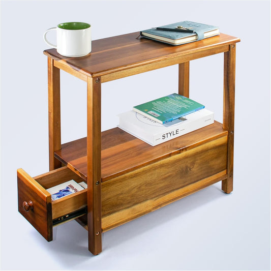 ENKEZI Narrow End Table with Drawer and Shelf – Slim Side Table for Small Spaces, Nightstand for Bedroom or Living Room, Small Bedside Table (Bottom Drawer)