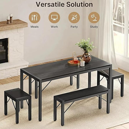 Gizoon 63" Dining Room Table Set for 6, Kitchen Table with 2 Benches and 2 Stools, Dining Table Set with Metal Frame, Space-Saving Kitchen Table Set for Apartment, Black