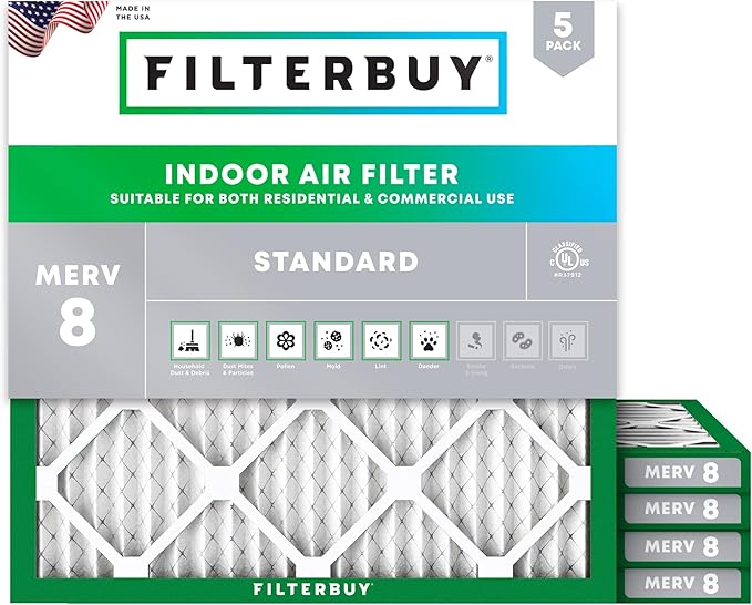 Filterbuy 18x18x1 Air Filter MERV 8 Essential Dust & Allergy Defense (5-Pack), Electrostatic Pleated HVAC AC Furnace Filters Replacement, Made in USA (Actual Size: 17.75 x 17.75 x 0.75)