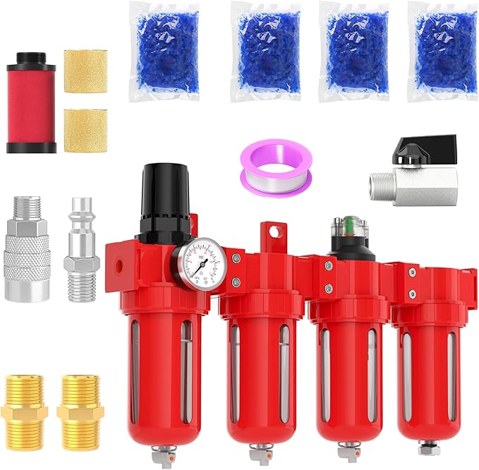 3/8" NPT Industrial Grade 4 Stage Aluminum Air Drying System, Coalescing Filter, Double Particulate Filter, Desiccant Dryer and Air Regulator,Manual Drain For Plasma Cutter and Paint Spray