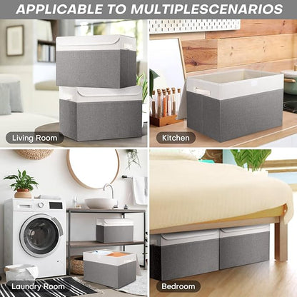 Large 17" 42 Quarts Collapsible Stackable Storage Bins with Lids [3-Pack] Foldable Fabric Linen Storage Boxes Cube, Closet Organizer Baskets with Label (16.7 x 12 x 12", Gray & White)