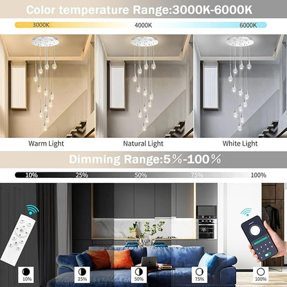 118 inches Modern Glam Crystal Chandelier for High Ceiling LED Dimmable Ceiling Pendant Light Staircase Foyer Enterway Living Room Chandelier Lighting Brushed Nickel 12 Lights