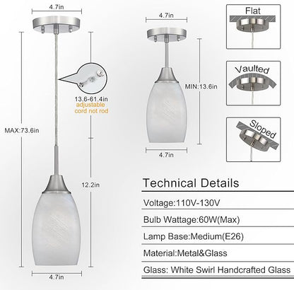 Mini Glass Pendant Light 4.72" White Glass Pendant Lights 3-Pack Handblown White Art Oval Glass Hanging Pendant Light for Kitchen Island Dining Room Living Foyer Hallway Entry