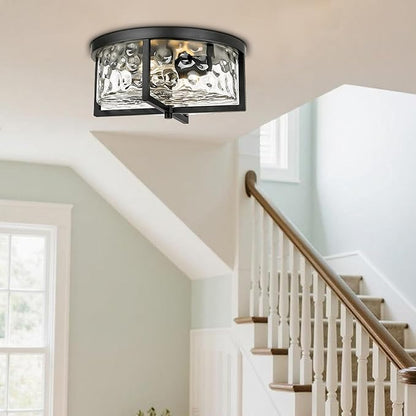 Modern Flush Mount Ceiling Light, 13" D 2-Light Industrial Close to Ceiling Lights, Hammered Glass Ceiling Light,Flush Ceiling Light for Hallway, Kitchen, Bathroom, Dining Room (Black,)