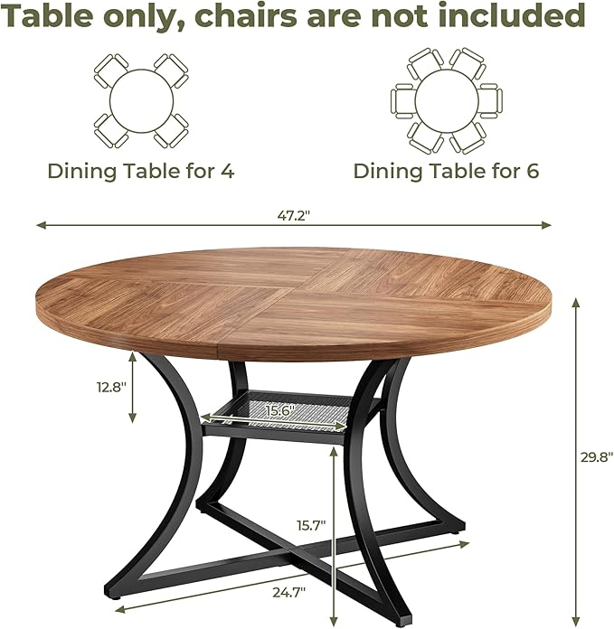 IRONCK 47.2" Round Dining Table for 4, Wood Kitchen Table with Storage Shelf for Dining Room, Dinner Table with Wooden Tabletop and Metal Base, Cherry