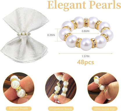 48 Pcs Gold Disposable Napkin Rings, Delicate Pearl Napkin Ring Holder, White & Golden Beaded Serviette Buckles for Formal Wedding Dinner Home Decor Party Supplies