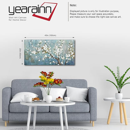 Elegant Flowers Canvas Wall Art - Plum Blossom Pictures for Wall Decor Rustic Turquoise Canvas Painting Nature Printing Artwork for Living Room Bedroom Home Office Wall Decoration 20" x 40"