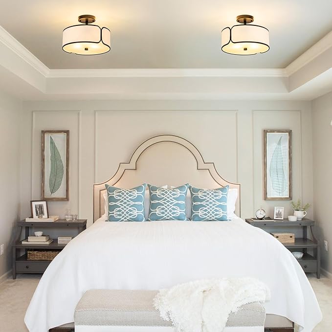 12.6" Semi Flush Mount Ceiling Light - 3 Light Drum Light Fixture with Black Border Fabric Shade, Modern Close to Ceiling Light for Dining Room Bedroom Kitchen Hallway Entryway, 2 Pack