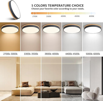 Dimmable Wood LED Close to Ceiling Light, Modern 2700K-6000K 5CCT Round Grey Flush Mount Light Fixtures, Minimalist Ceiling Lamp for Living Room, Dining Room, Bedroom, Kitchen-15.8in