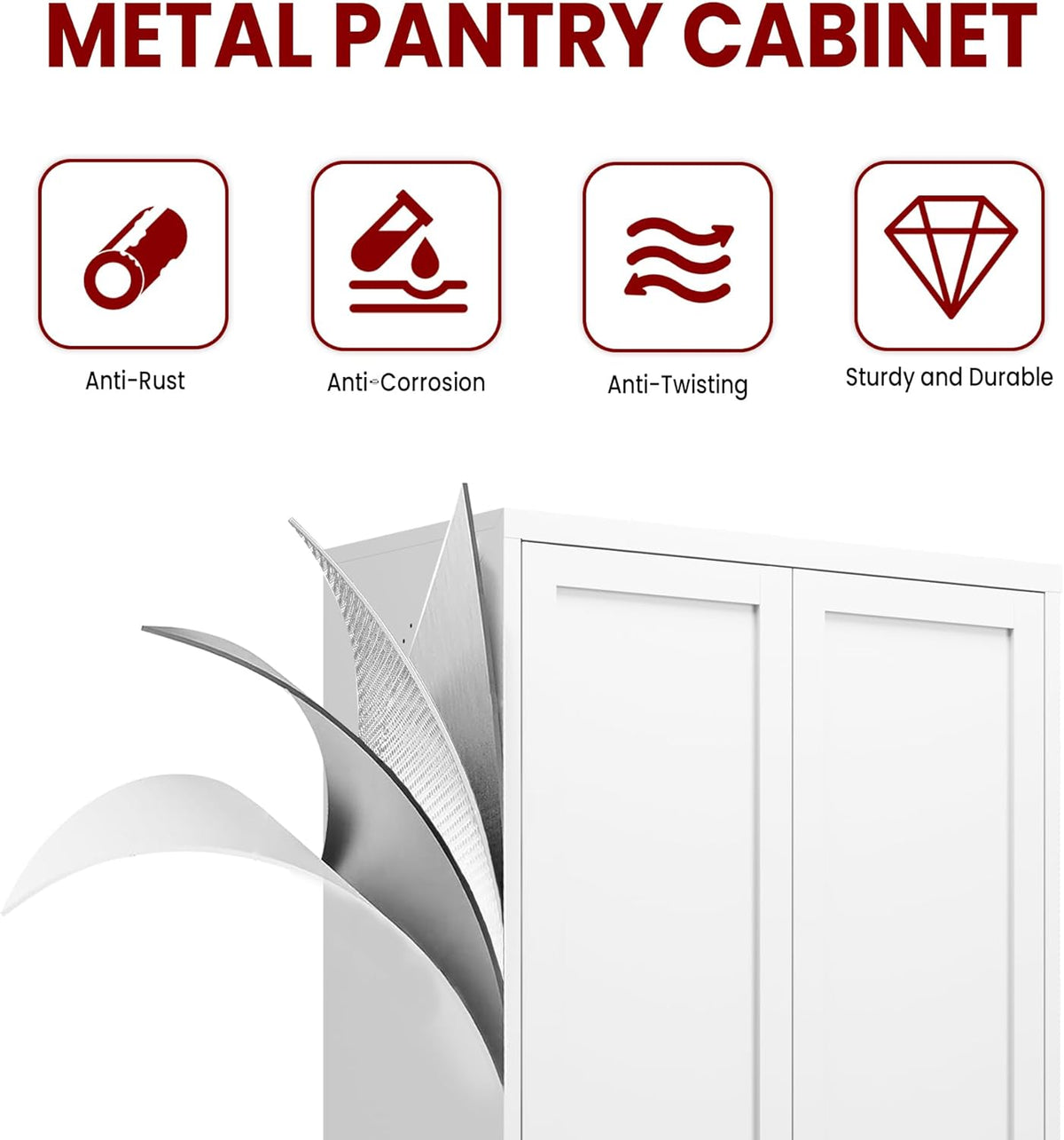 AQY Metal Pantry Cabinet with Doors & Shelves, 61” Tall White Kitchen Storage Cabinet, Freestanding Pantry Organizer for Kitchen, Living Room, Garage, Adjustable Shelves, Heavy-Duty Steel Storage Cabi