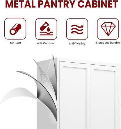 AQY Metal Pantry Cabinet with Doors & Shelves, 61” Tall White Kitchen Storage Cabinet, Freestanding Pantry Organizer for Kitchen, Living Room, Garage, Adjustable Shelves, Heavy-Duty Steel Storage Cabi