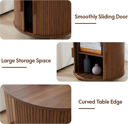 AVZEAR 24" Large Round End Table with Charging Station, Farmhouse Fluted Sofa Side Table with Sliding Tambour Door & Storage, Mid-Century Wood Nightstand for Living Room, Bedroom, Walnut