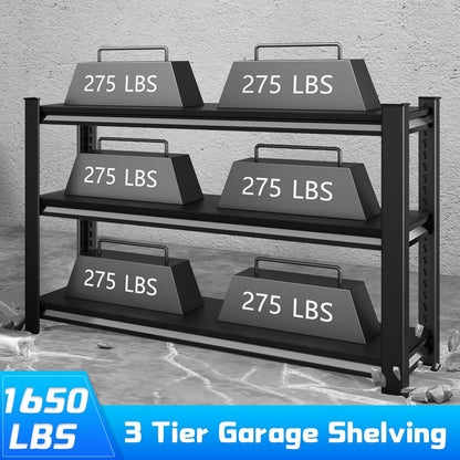 3-Tier Garage Shelving Heavy Duty，48" W Metal Shelving Unit for Garage, 1650 lbs Load Capacity Utility Rack Shelves＆ Garage Shelves, 48”W x 18”D x 39”H(Black)