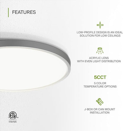 ASD LED 12" Round Flush Mount Ceiling Light Fixture, Low Profile Surface Lighting | 5CCT, Dimmable, Ultra-Thin, ETL Listed | 24W 1900LM 2700-6000K 120V | Kitchen, Hallway Lamp | Nickel, 4 Pack