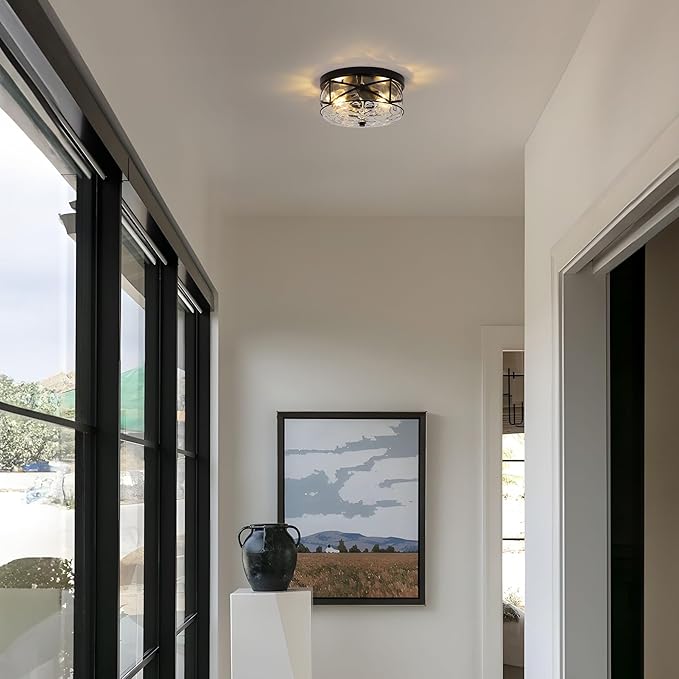 LamQee 9.8" Small Flush Mount Ceiling Light With Clear Hammered Glass, Black Hallway Light Fixtures Ceiling Mount for Bathroom, 2-Lights Farmhouse Close To Ceiling Light Kitchen Foyer Entryway Bedroom