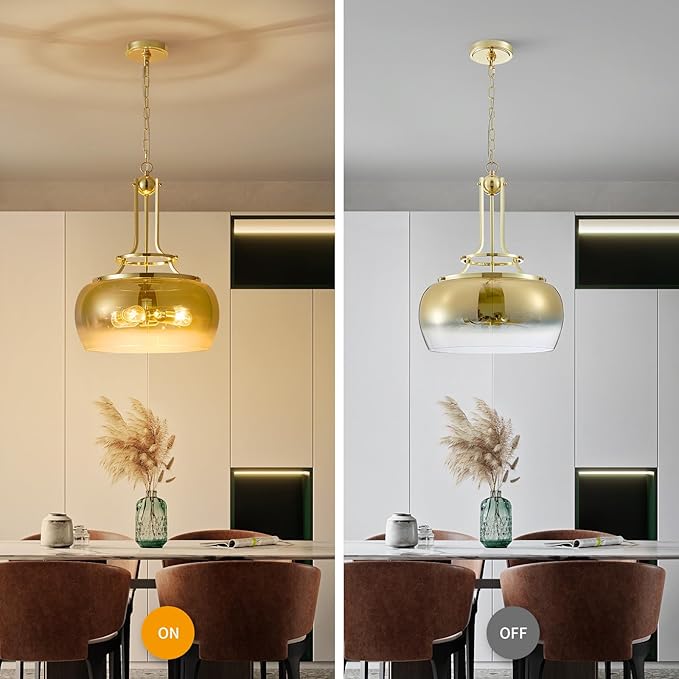 WUZUPS Gold Chandelier Rustic Farmhouse Industrial Round Ceiling Pendant LED Light Fixture with Gradient Glass Shade for Dining Room Kitchen Island Foyer Entryway, H 20.9" W 15.9", E26 Base