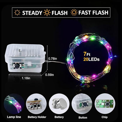 Aogist Led Fairy Lights 3 Modes Battery Operated String Lights Waterproof Silver Wire 7 Feet Firefly Starry Moon Mason Jar Lights for DIY Wedding Party Christmas (6-Colors, 12 Pack)