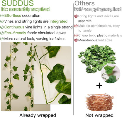 suddus Vine with Fairy Lights Battery Operated, 33ft 100 LED Ivy String Lights with Remote, Leaf Lights for Bedroom, Room, Wall, Garden, Party, Wedding Dorm Decor (Warm White)