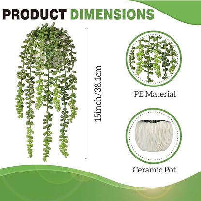 Succulents Plants Artificial, Small String of Pearls with Ceramic Pot Artificial Faux String of Pearls Suitable for Home Garden Decor, Wall Decoration