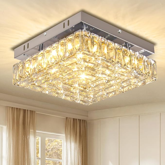 Square Crystal Ceiling Light 10.6" Modern LED Bedroom Chandelier Small Flush Mount Ceiling Lights Fixture for Kitchen Dining Room (Warm Light)