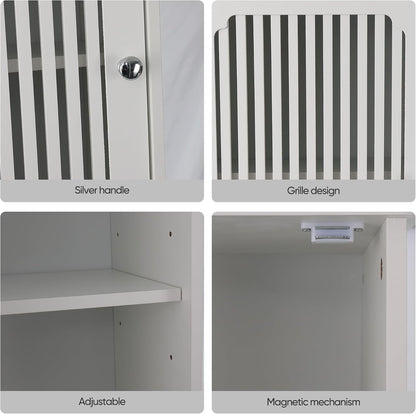 64" Tall Bathroom Cabinet, White Floor Standing Storage | Narrow unit with adjustable shelves & louvered doors, ideal for bathroom, laundry room, maximizing vertical space.