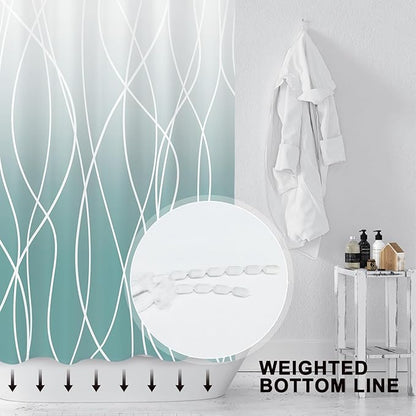 Punkray Ombre Teal Striped Polyester Shower Curtain for Bathroom with Hooks, Shower Curtains for Bathroom, Waterproof Bath Accessories Hotel Style - Machine Washable 72 x 72
