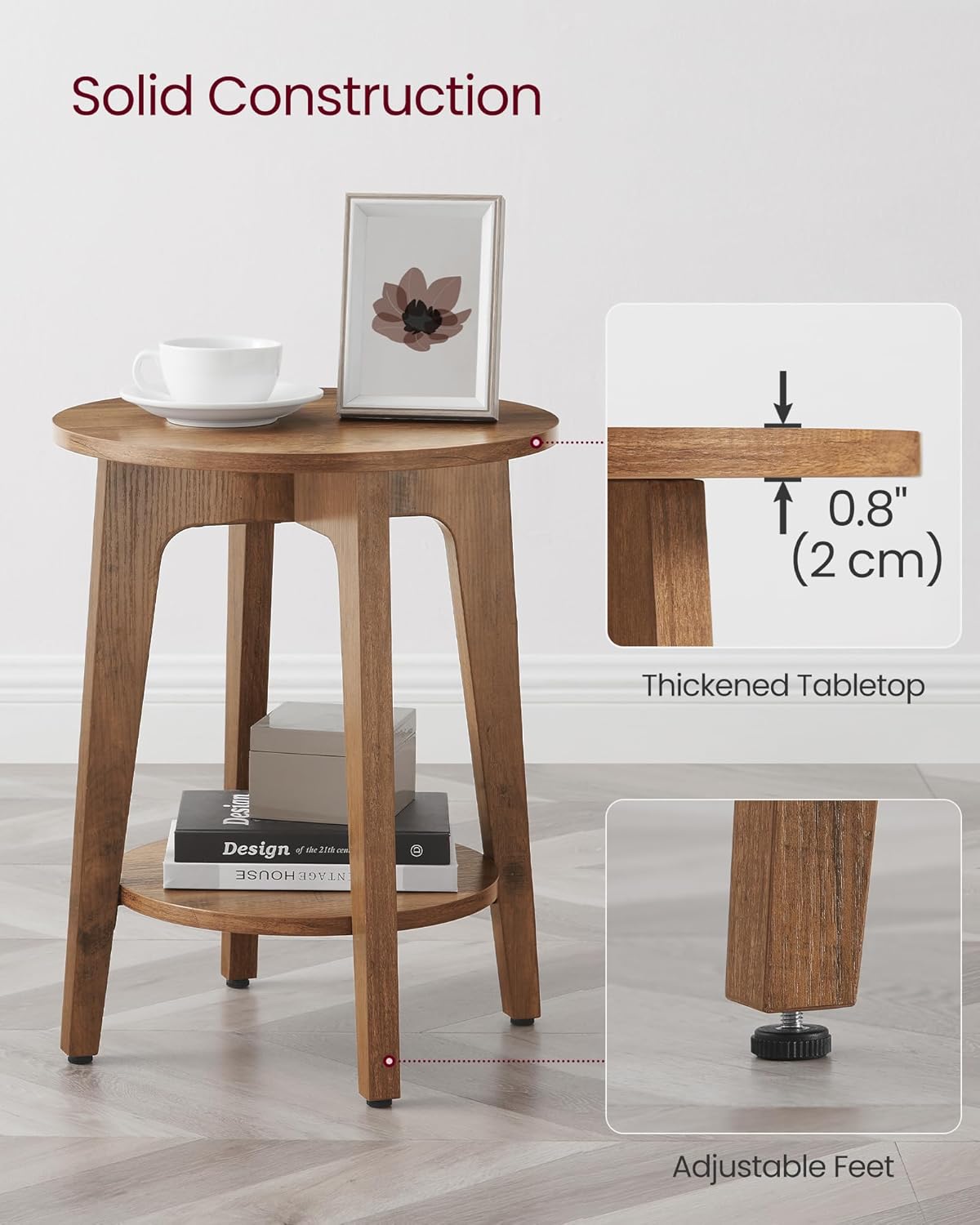 VASAGLE MAEZO Collection - Side Table, 2-Tier Small Round End Table, Nightstand with Tapered Legs, Curved Transitions, for Small Spaces, Living Room, Bedroom, Honey Brown ULET283T41