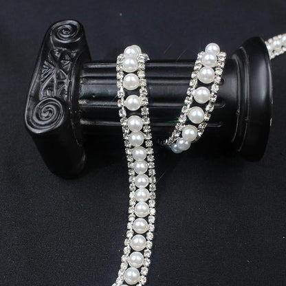 PEARLY JUN 1 Yard Pearl Rhinestone Trim Chain Silver Crystal Fringe Diamond Applique Ribbon String Tassel Strip (Silver-150, 1 Yard)