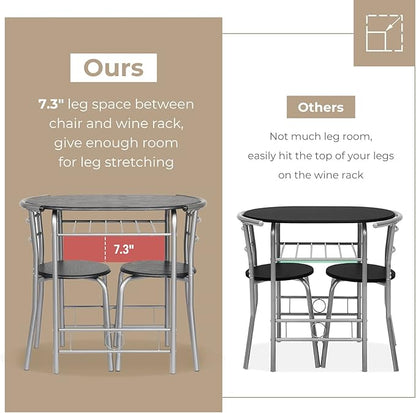 VINGLI 3 Piece Dining Set,Small Kitchen Table Set for 2,Breakfast Table Set,Kitchen Wooden Table and 2 Chairs for Small Space/Dining Room/Apartment,Metal Frame,Wine Rack,Sliver&Black