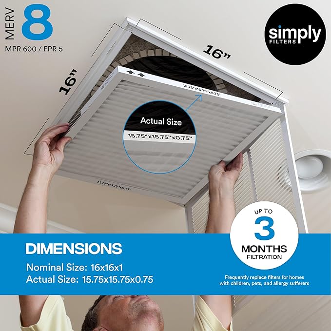Simply 16x16x1 Air Filter, MERV 8, 12 Pack, For Home AC Furnace & HVAC (Actual Size: 15.75"x15.75"x0.75") DUST, Pet, & Allergy Control