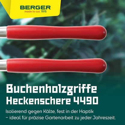 BERGER Professional Hedge Shear, Self-Sharpening 9.45" Steel Blades, Chrome-Plated Wavy Blades, 2 Sap Grooves to Prevent Sticking, Wood Handles, 4590