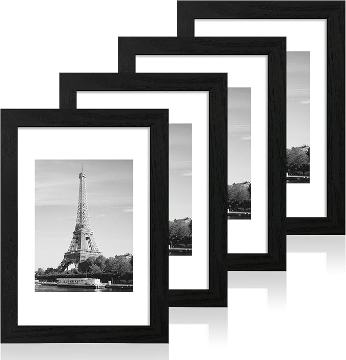 8x12 Picture Frame Set of 4 with HD Glass, Black Frame Display 6x8 Picture with Mat or 8 x 12 Without Mat, Wood Rustic Photo Frame for Tabletop and Wall Mounting