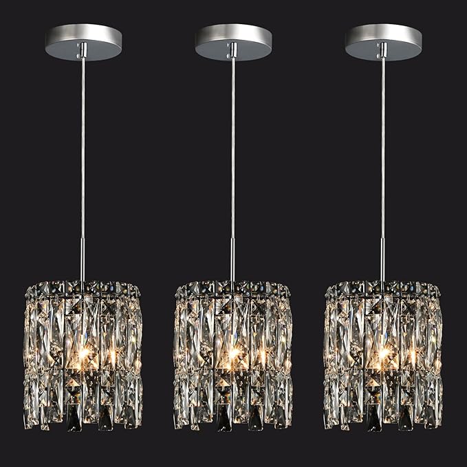 Modern K9 Crystal Pendant Lights Kitchen Island Set of 3,Chrome Chandeliers for Dining Room Light Fixtures Over Table,Hanging Lighting for Kitchen Island Entryway Bathroom BedHead Bedroom