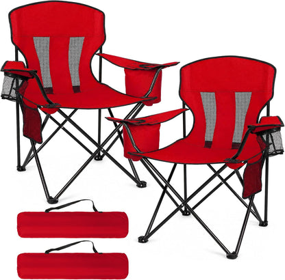 Heavy Duty Camping Chair 2-Pack, 400 LBS Capacity Folding Outdoor Chair with Cooler Bag, Oversized Portable Chair with Mesh Back & Cup Holder for Camping, Fishing, Tailgating (Red)