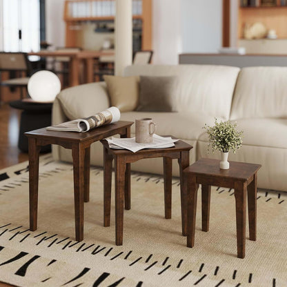Kmax Nesting Tables Set of 3, Small Sofa Side Table Rustic Stacking End Table Rectangle Solid Wood Coffee Tables for Small Space - Walnut