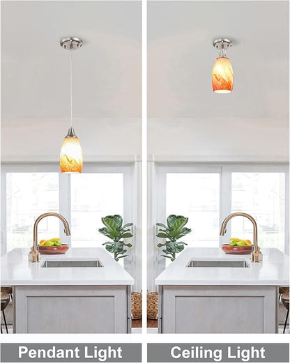 Art Glass Mini Pendant Lights Kitchen Island Marble Glass Pendant Light Shade with Brushed Nickel Finish Ceiling Hanging Lights for Kitchen Over Sink,Dining/Living Room Red Marble-1Pack