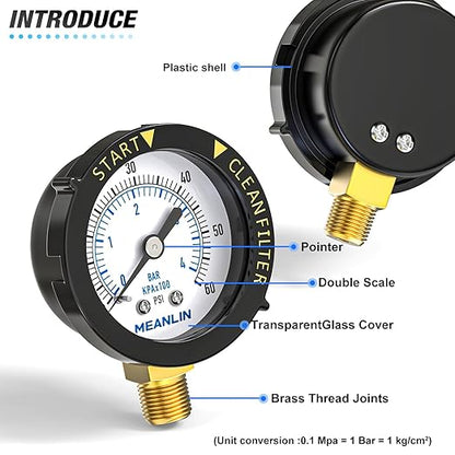 MEANLIN MEASURE 0~60Psi Plastic Frame 1/4" NPT Start and Clean Filter Pressure Gauge, Suitable for Swimming Pool, spa, Aquarium, Lower Mount