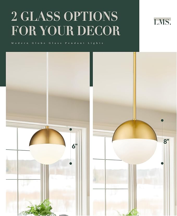 LMS Modern Pendant Lighting Gold Globe Pendant Light Fixture, Mid Century Chandelier One Light Hanging Fixture for Kitchen Island, Adjustable Indoor Lighting for Dinning Room Bedroom, LMS-187