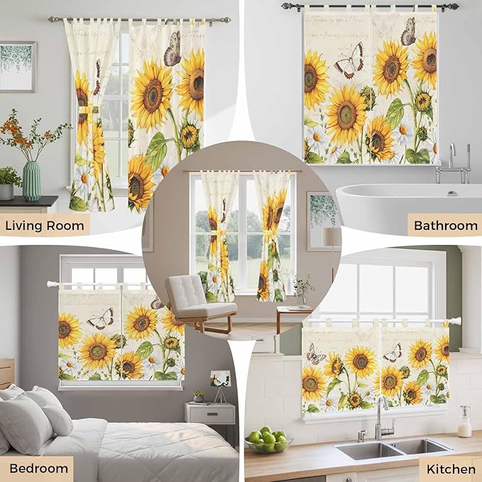 Farm Sunflowers Bedroom Curtains 63 Inch Length, Window Curtains Tab Top, Retro Flowers Butterfly Botanical Beige Light Filtering Window Treatments Drapes 42"x63" 2 Panel