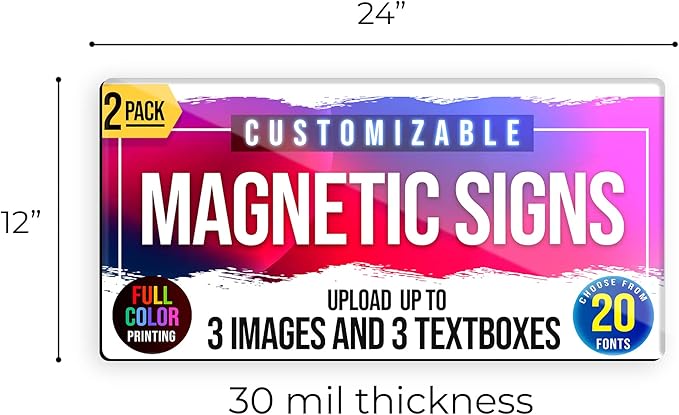 2-Pack,12"x24" Custom Magnet Signs in Full Color for Business and Advertising, 30 mil Customized Vinyl Car Magnets, Personalized Magnetic Sheets for Company Storefront & Vehicles (Rounded Corners D2)