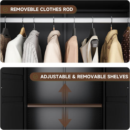 Letaya Metal Armoire Wardrobe Closet with Drawers,Clothing Storage Cabinet with Doors and Shelves,Coat Closet with Hanging Rod,Bedroom,Home,Cloak Room,Black-71 H x 32" W x 18" D