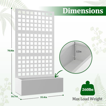 Metal Raised Garden Bed with Trellis, 2 in 1 Trellis with Planter Box & Privacy Screen for Climbing Plants, Vine, Outdoor Standing Flower Beds with Drainage Holes, 35.4"L x 16.7"W x 70.8"H, White