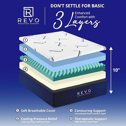REVO SLEEP Gel Memory Foam Mattress, 10-Inch Queen – Cooling Gel Foam Bed with Contouring Support, Pressure Relief & Breathable Comfort – Balanced Feel for All Sleepers
